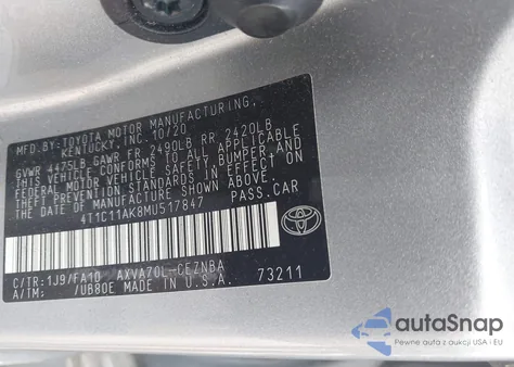 2021 Toyota Camry Le из США, поврежденный, VIN 4T1C11AK8MU517847